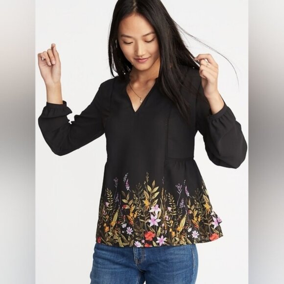 Old Navy Black Peplum 3/4 Sleeve Blouse - Picture 1 of 8